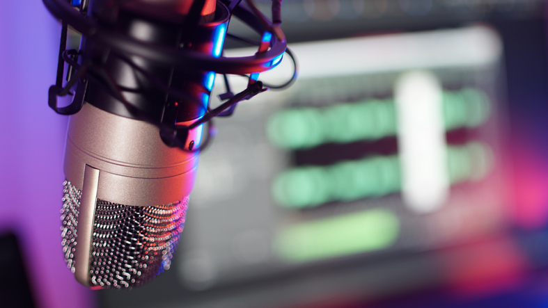 Podcast recording microphone in a studio